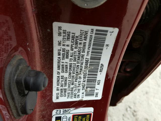 1HGFA16557L004667 - 2007 HONDA CIVIC LX RED photo 10