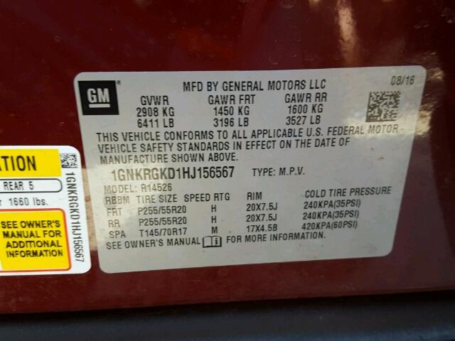 1GNKRGKD1HJ156567 - 2017 CHEVROLET TRAVERSE L MAROON photo 10