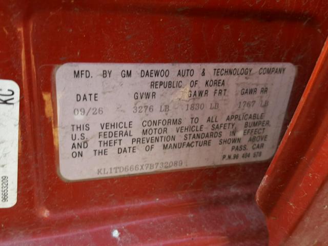 KL1TD666X7B732089 - 2007 CHEVROLET AVEO BASE Czerwony zdjęcie 10