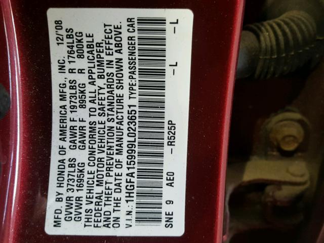 1HGFA15999L023651 - 2009 HONDA CIVIC EXL 红色 照片 10
