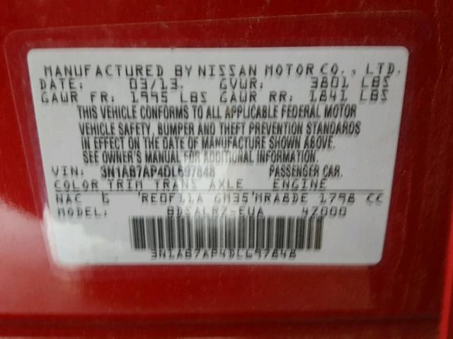 3N1AB7AP4DL697848 - 2013 NISSAN SENTRA S RED photo 10