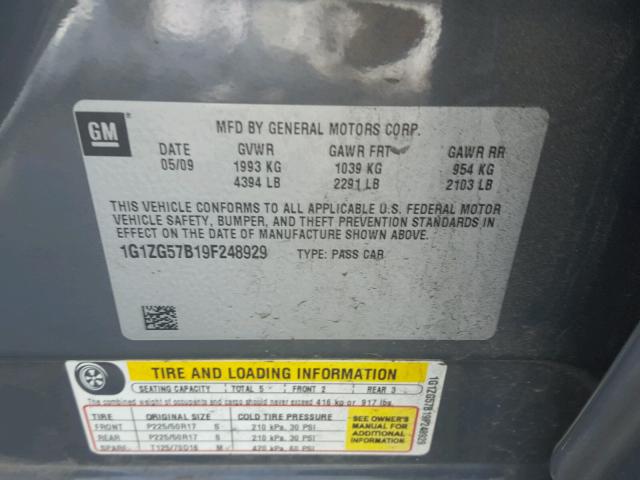 1G1ZG57B19F248929 - 2009 CHEVROLET MALIBU LS ნაცრისფერი ფოტო 10