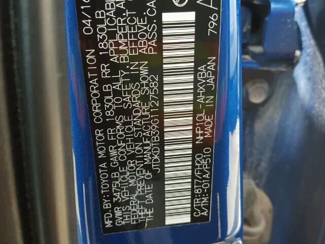 JTDKDTB39G1127582 - 2016 TOYOTA PRIUS C BLUE photo 10