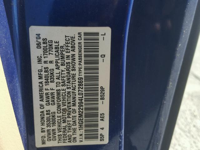 1HGEM22994L072869 - 2004 HONDA CIVIC EX ორფეროვანი ფოტო 10