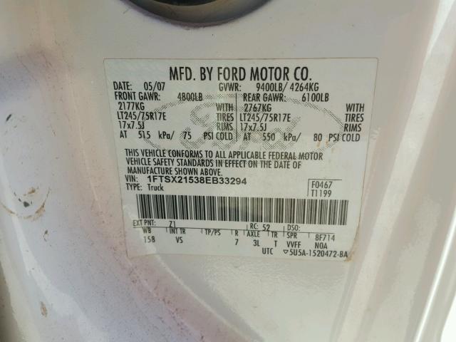 1FTSX21538EB33294 - 2008 FORD F250 SUPER WHITE photo 10