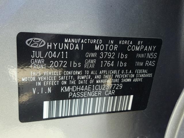 KMHDH4AE1CU237729 - 2012 HYUNDAI ELANTRA GL GRAY photo 10