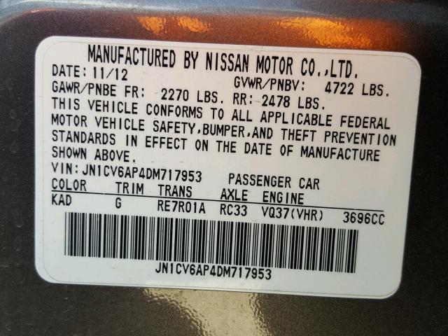 JN1CV6AP4DM717953 - 2013 INFINITI G37 BASE GRAY photo 10