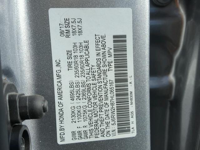 5J6RW2H87HL065167 - 2017 HONDA CR-V EXL SILVER photo 10