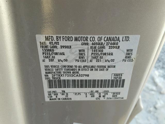 2FTRX17252CA52798 - 2002 FORD F150 SILVER photo 10