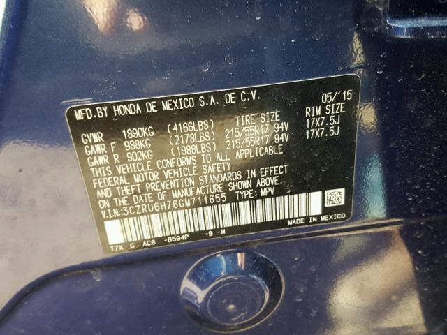 3CZRU6H76GM711655 - 2016 HONDA HR-V EXL BLUE photo 10