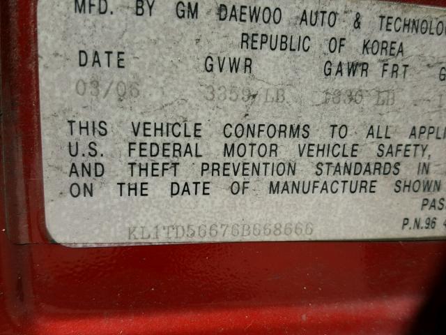 KL1TD56676B668666 - 2006 CHEVROLET AVEO BASE Qırmızı foto 10