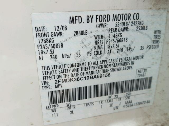 2FMDK38C19BA59156 - 2009 FORD EDGE SEL WHITE photo 10