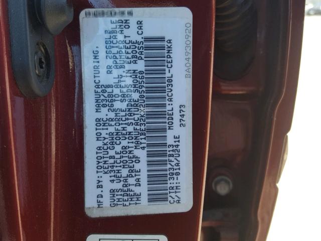 4T1BE32KX2U059560 - 2002 TOYOTA CAMRY LE RED photo 10