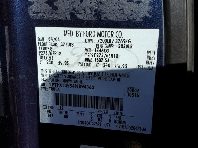 1FTPX14554NB94362 - 2004 FORD F150 BLUE photo 10