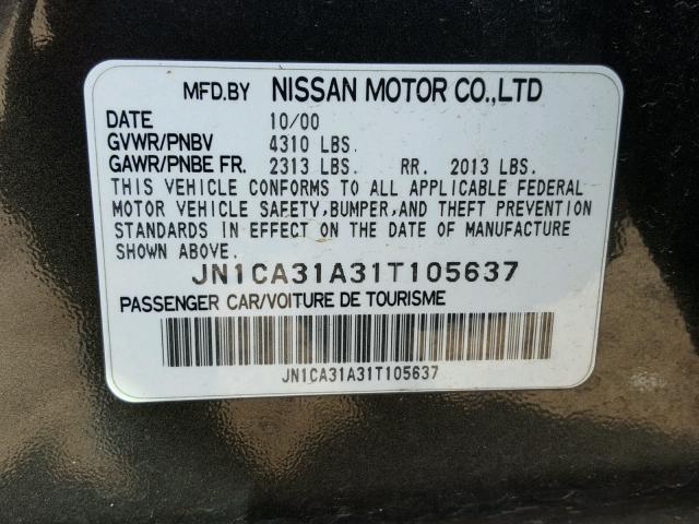 JN1CA31A31T105637 - 2001 NISSAN MAXIMA GXE BLACK photo 10