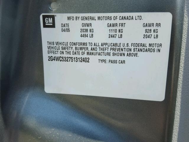 2G4WC532751312402 - 2005 BUICK LACROSSE C GRAY photo 10