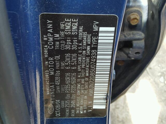 KM8JN72D85U074938 - 2005 HYUNDAI TUCSON BLUE photo 10