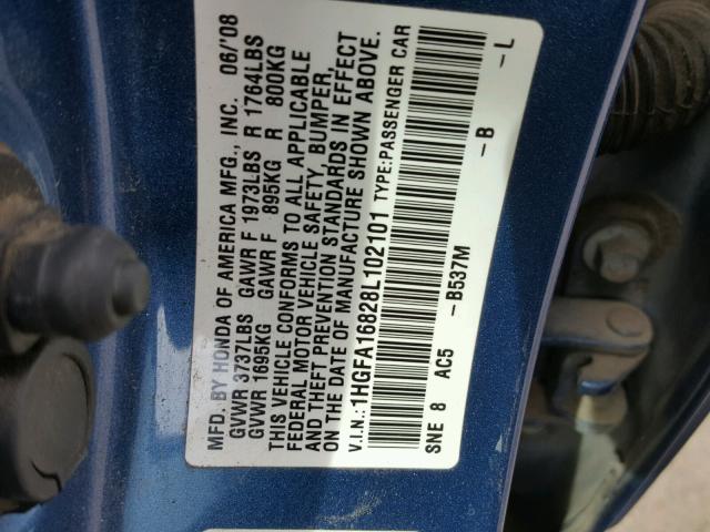 1HGFA16828L102101 - 2008 HONDA CIVIC EX BLUE photo 10