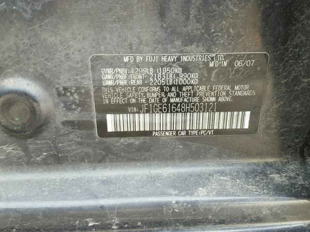 JF1GE61648H503121 - 2008 SUBARU IMPREZA 2. CHARCOAL photo 10