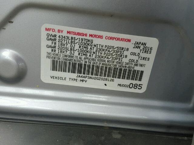 JA4AP3AU2GZ028126 - 2016 MITSUBISHI OUTLANDER SILVER photo 10