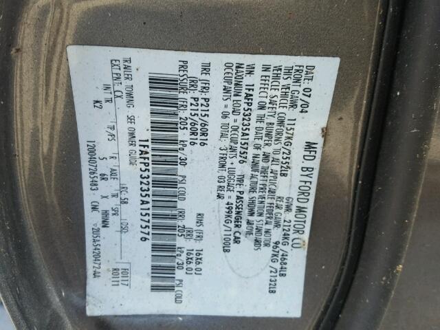 1FAFP53235A157576 - 2005 FORD TAURUS SE GRAY photo 10