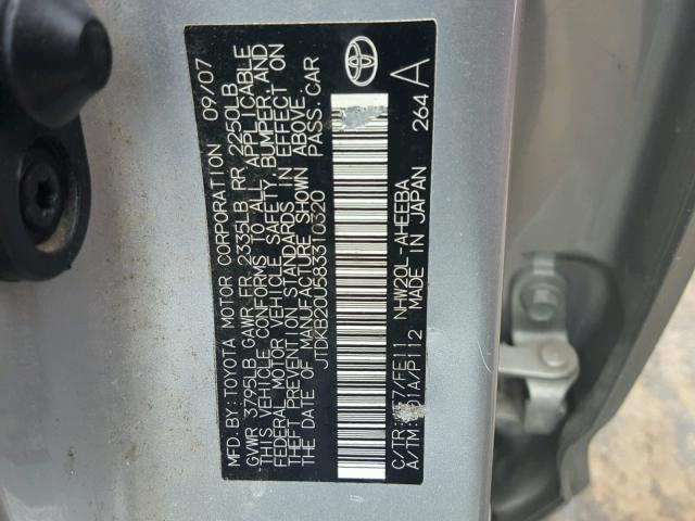 JTDKB20U583310320 - 2008 TOYOTA PRIUS SILVER photo 10