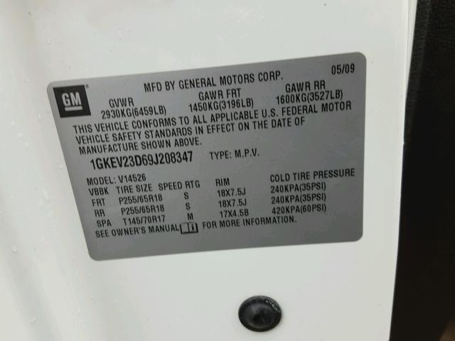 1GKEV23D69J208347 - 2009 GMC ACADIA SLT თეთრი ფოტო 10