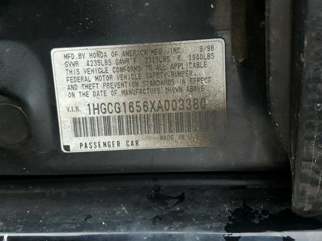 1HGCG1656XA003380 - 1999 HONDA ACCORD EX BLACK photo 10