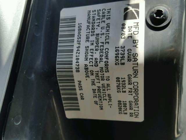 1G8AG52F94Z104738 - 2004 SATURN ION LEVEL ვერცხლისფერი ფოტო 10