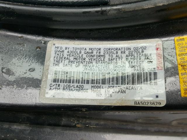 JTHBD192320050058 - 2002 LEXUS IS 300 GRAY photo 10