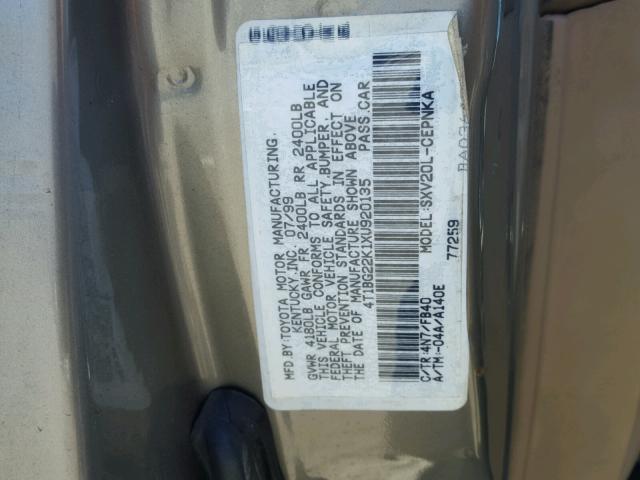 4T1BG22K1XU920135 - 1999 TOYOTA CAMRY CE GRAY photo 10