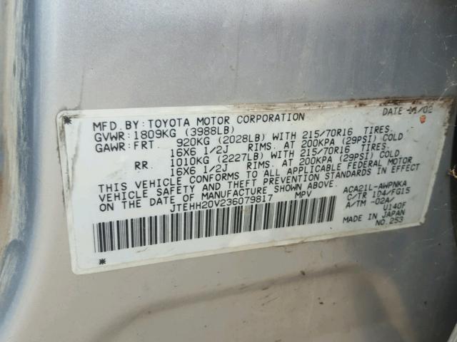 JTEHH20V236079817 - 2003 TOYOTA RAV4 SILVER photo 10