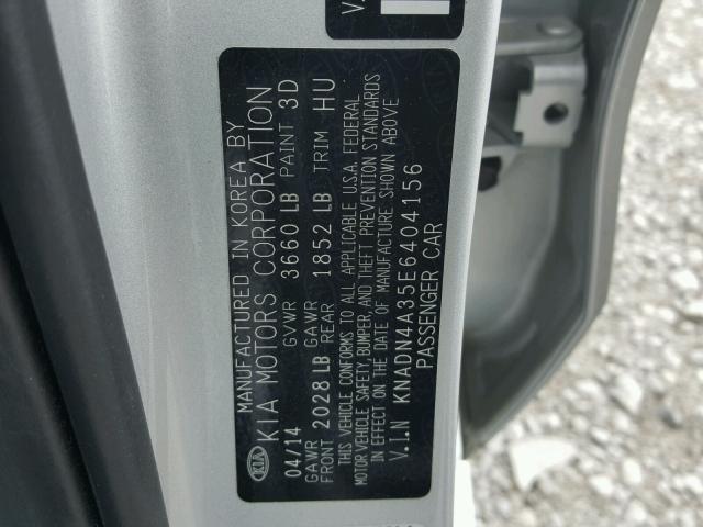 KNADN4A35E6404156 - 2014 KIA RIO EX SILVER photo 10