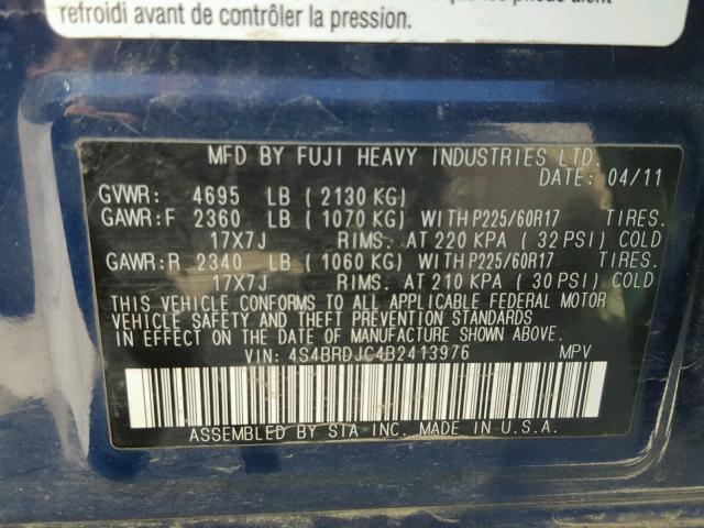 4S4BRDJC4B2413976 - 2011 SUBARU OUTBACK 3. BLUE photo 10