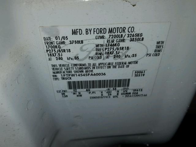 1FTPW14545FA60036 - 2005 FORD F150 SUPER WHITE photo 10