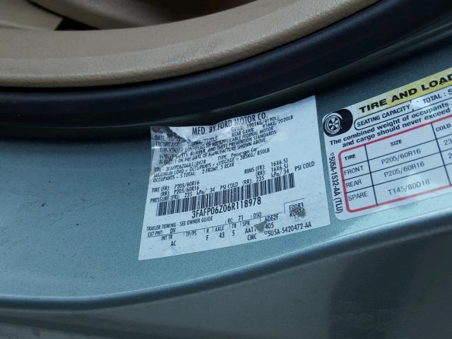 3FAFP06Z06R118978 - 2006 FORD FUSION S GRAY photo 10