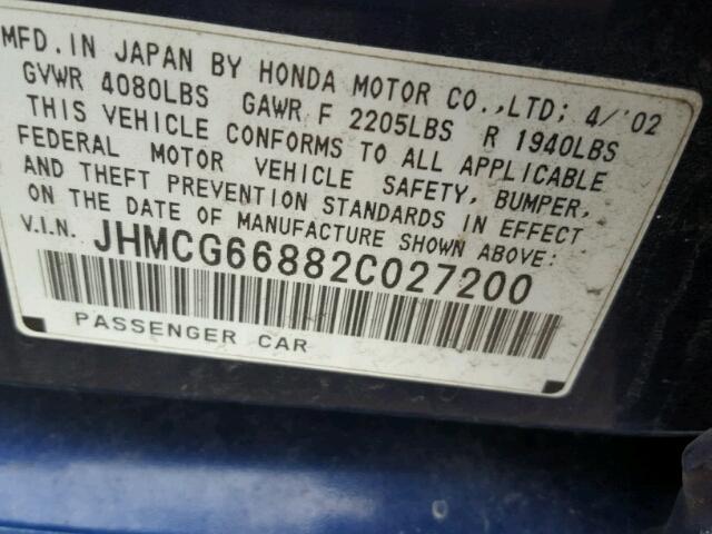 JHMCG66882C027200 - 2002 HONDA ACCORD EX BLUE photo 10