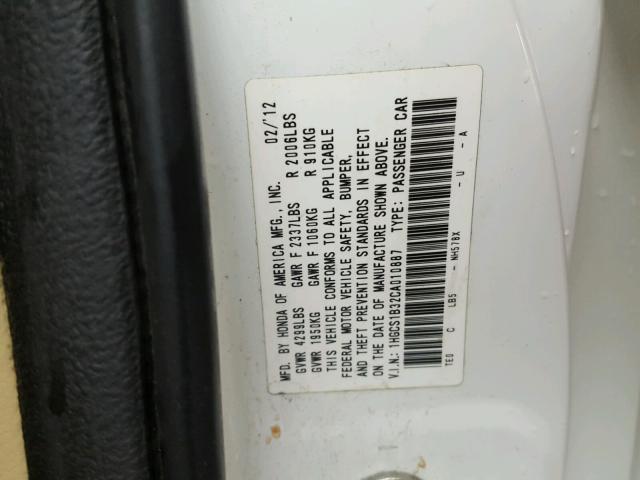 1HGCS1B32CA010887 - 2012 HONDA ACCORD LX WHITE photo 10