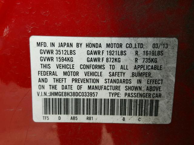 JHMGE8H38DC033957 - 2013 HONDA FIT RED photo 10