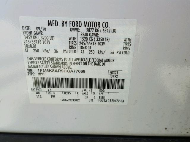 1FM5K8AR9HGA77069 - 2017 FORD EXPLORER P WHITE photo 10