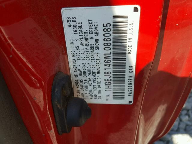 1HGEJ8146WL086085 - 1998 HONDA CIVIC EX წითელი ფოტო 10