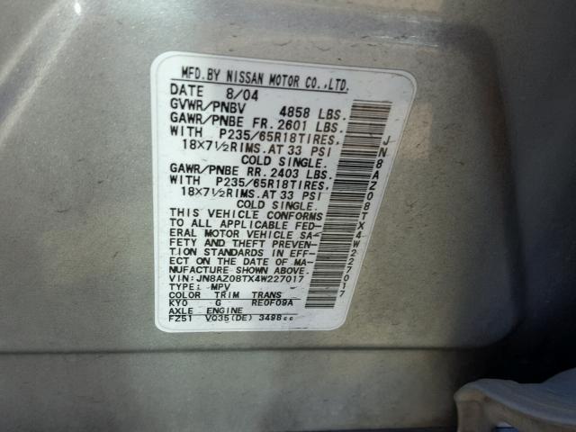 JN8AZ08TX4W227017 - 2004 NISSAN MURANO SL SILVER photo 10