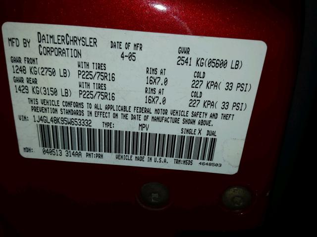 1J4GL48K95W653332 - 2005 JEEP LIBERTY SP RED photo 10