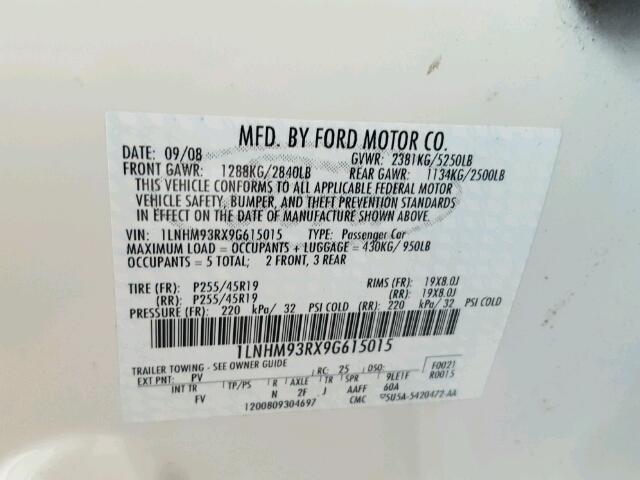 1LNHM93RX9G615015 - 2009 LINCOLN MKS WHITE photo 10