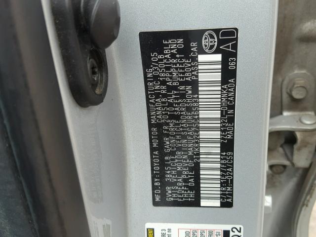 2T1KR32E75C465834 - 2005 TOYOTA COROLLA MA SILVER photo 10