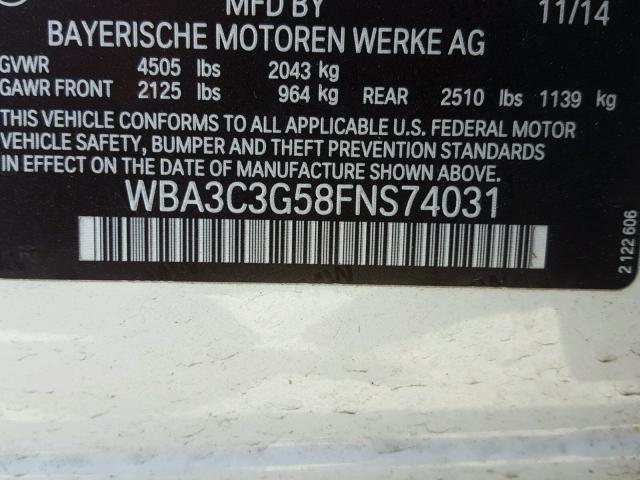 WBA3C3G58FNS74031 - 2015 BMW 320 I WHITE photo 10