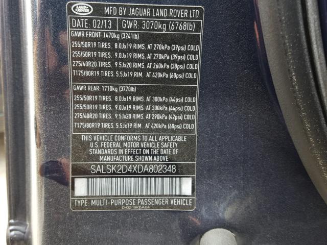 SALSK2D4XDA802348 - 2013 LAND ROVER RANGE ROVE BLUE photo 10