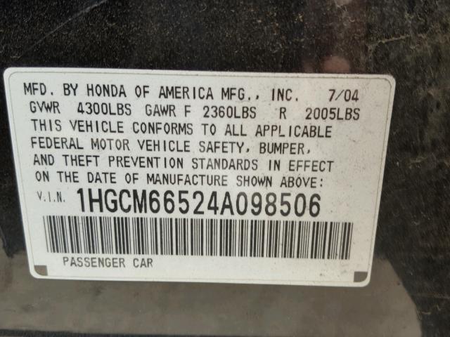 1HGCM66524A098506 - 2004 HONDA ACCORD EX BLACK photo 10