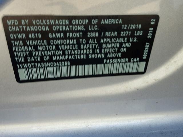 1VWDT7A33HC042258 - 2017 VOLKSWAGEN PASSAT R-L 灰色 照片 10