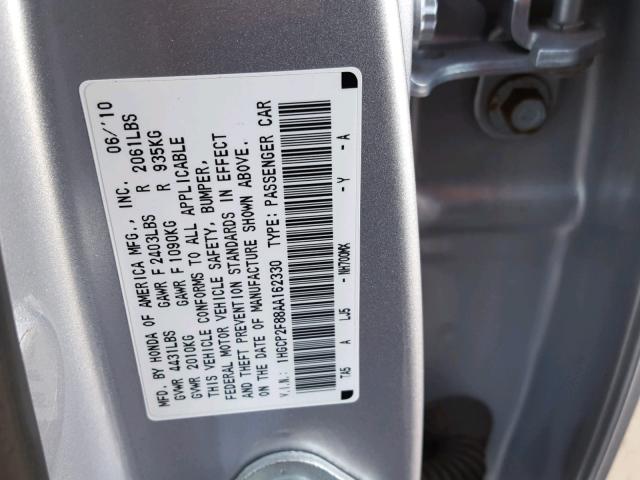 1HGCP2F88AA162330 - 2010 HONDA ACCORD EXL SILVER photo 10